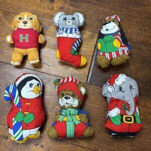 Vtg Christmas Animal Stuffed Fabric Ornament Dog Penguin Bear Mouse Elephant Lot